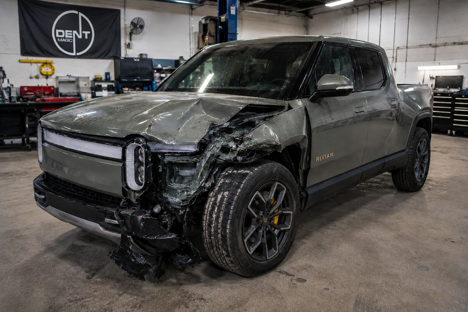 Rivian collision repair before and after at Dent Magic (before)